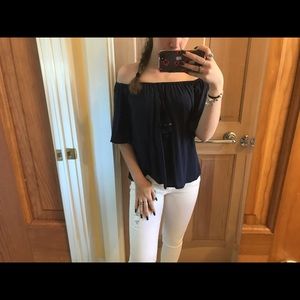 Navy blue off the shoulder shirt